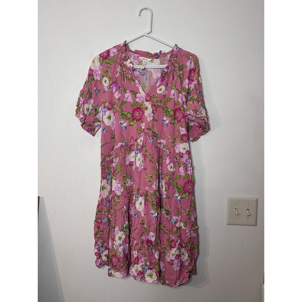 Matilda Jane Pink Floral V-Neck Short Sleeve Button Ruffle Knee Dress L